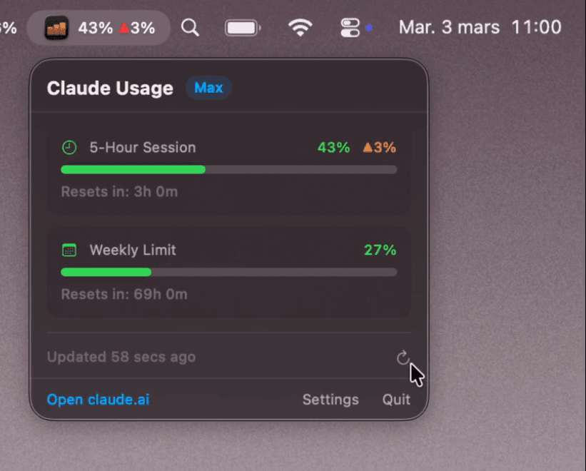 SessionWatcher for Claude Code showing usage percentage and 5-hour window countdown in macOS menu bar