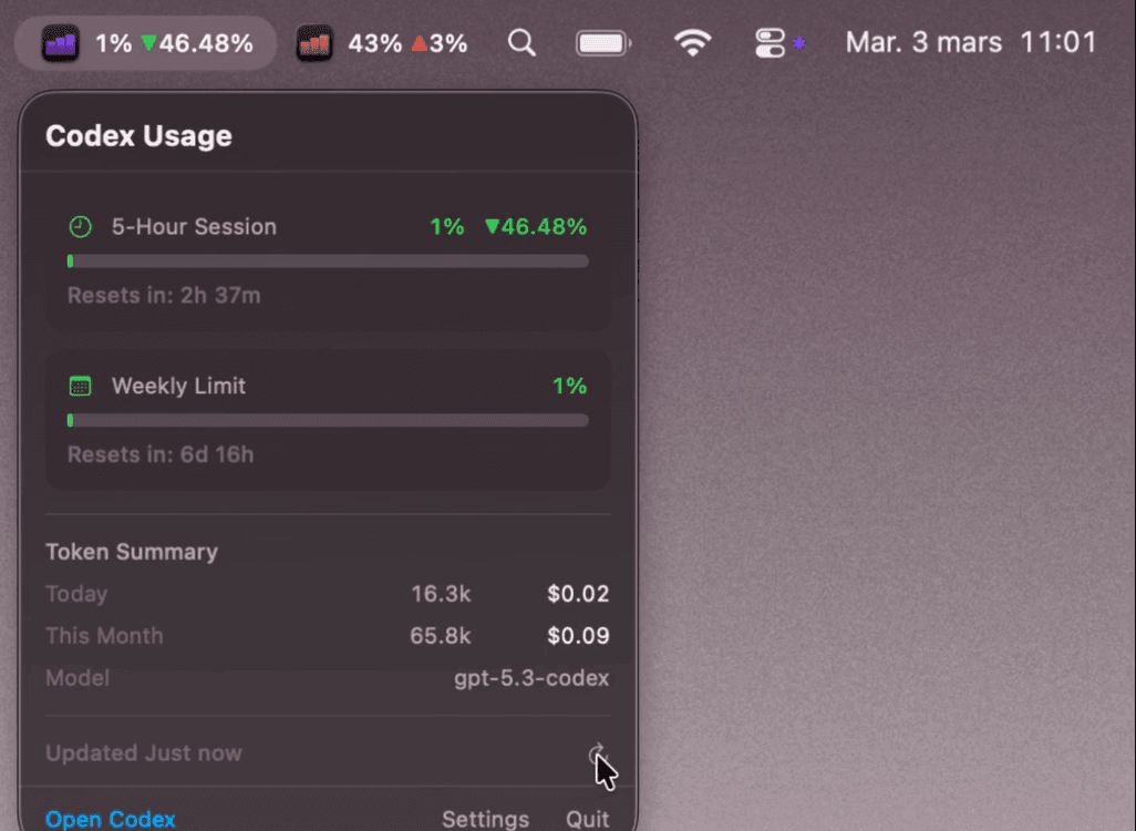 SessionWatcher for Codex showing token usage, API costs, and rate limit status in macOS menu bar