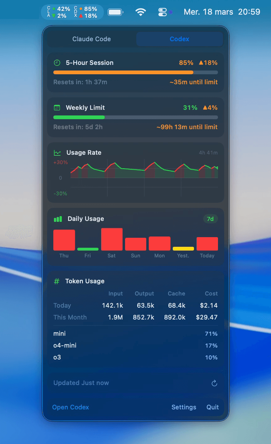 SessionWatcher Codex tab showing 5-hour session usage, weekly limit, usage rate chart, daily usage history, and token cost breakdown