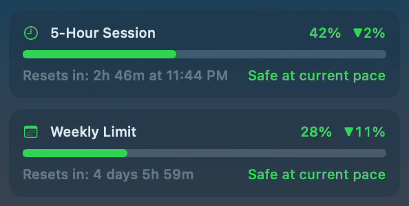 5-hour session and weekly limit tracking in SessionWatcher