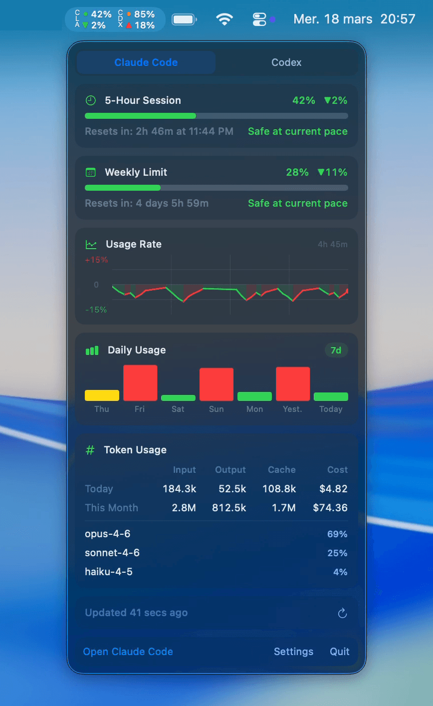 SessionWatcher Claude Code tab showing 5-hour session usage, weekly limit, usage rate chart, daily usage history, and token breakdown by model